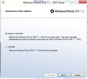 Windows Phone SDK 7.1 - repair reinstall mode